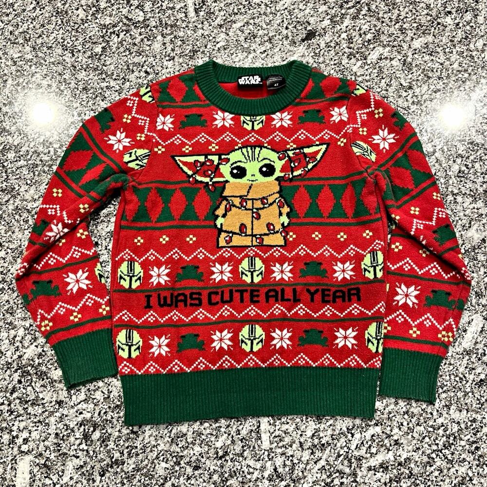 Star Wars Grogu Christmas Ugly Sweater Knit Pullover Red/Green 4T 0012